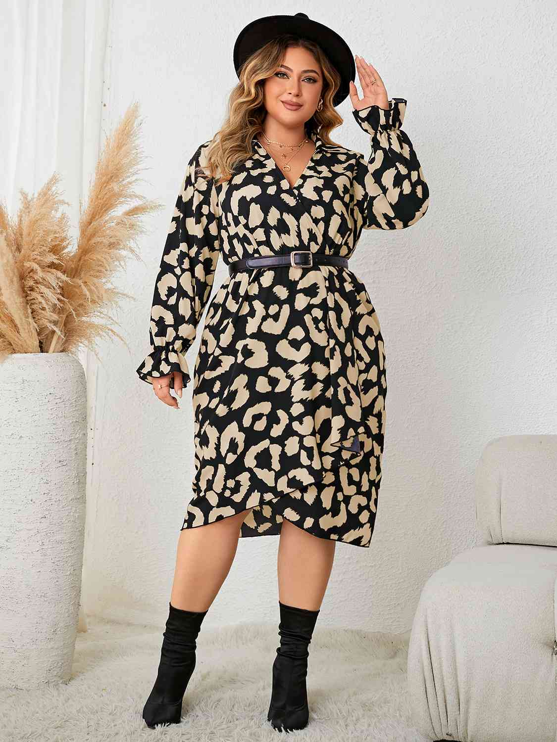Leopard Surplice Neck Flounce Sleeve Dress