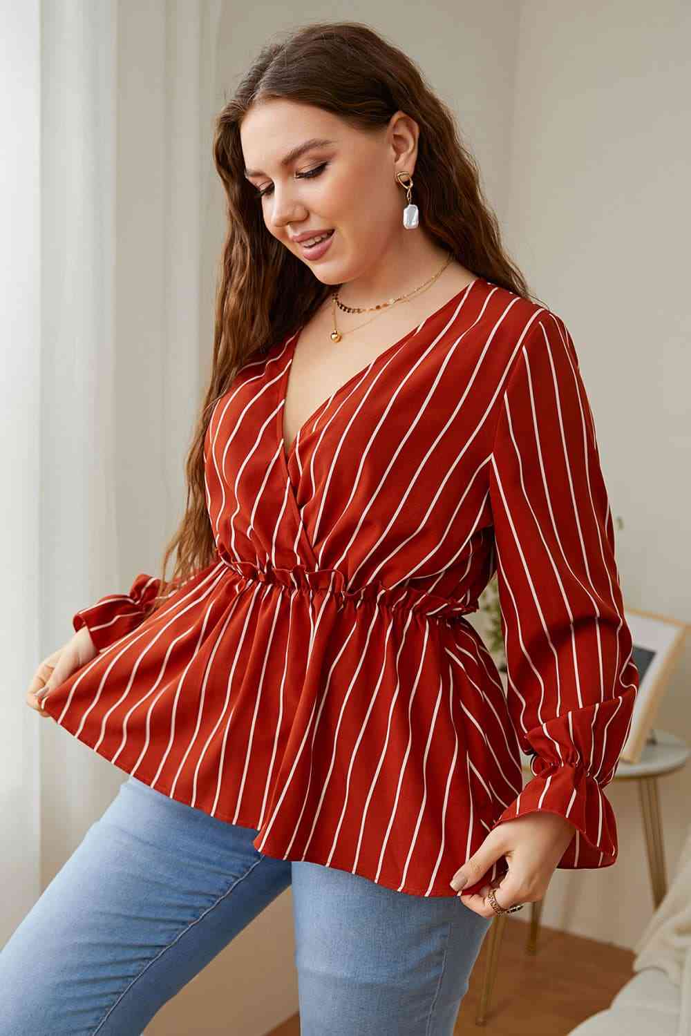 Melo Apparel V-Neck Frill Trim Blouse