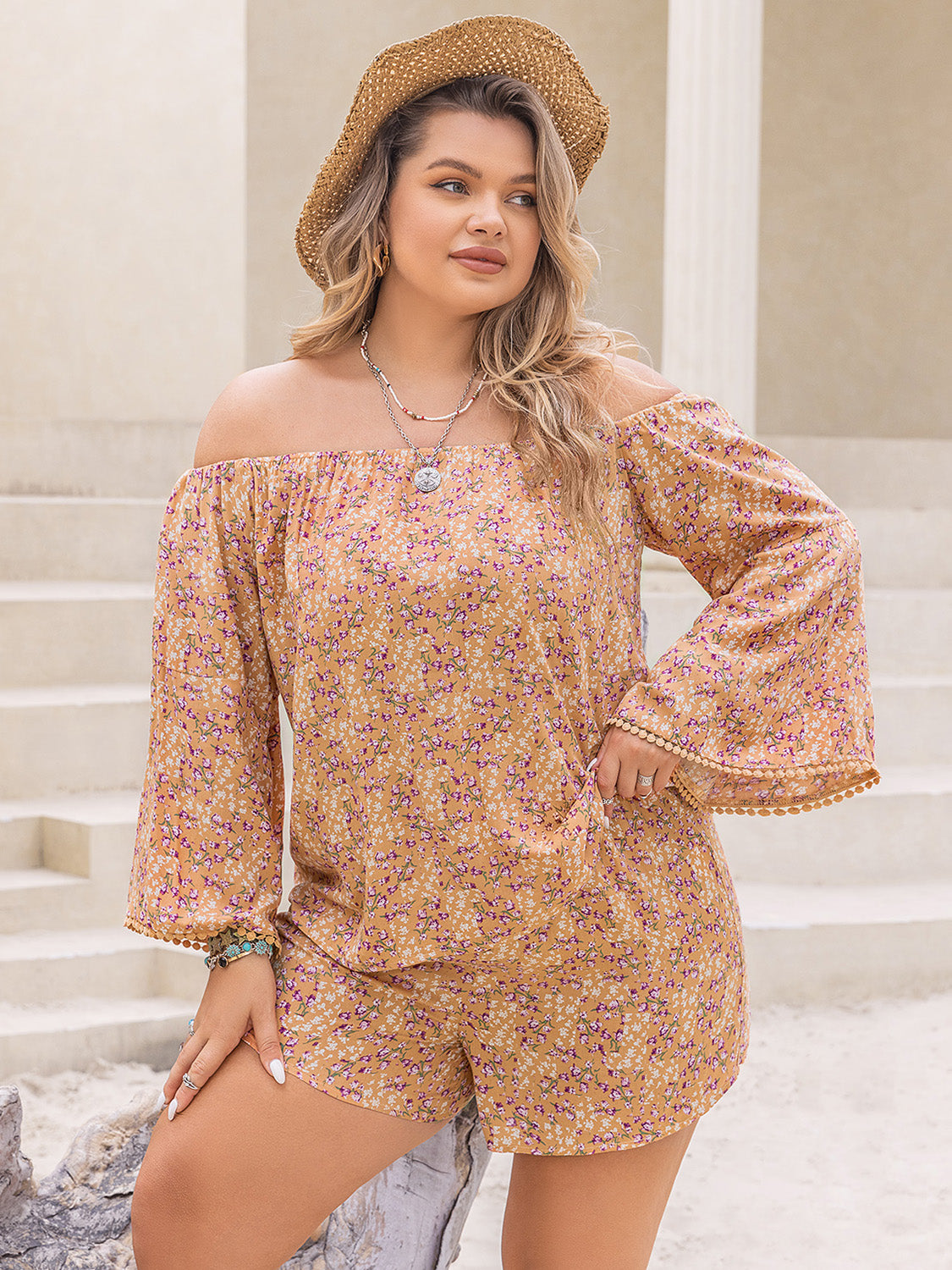 Printed Off-Shoulder Top and Shorts Set