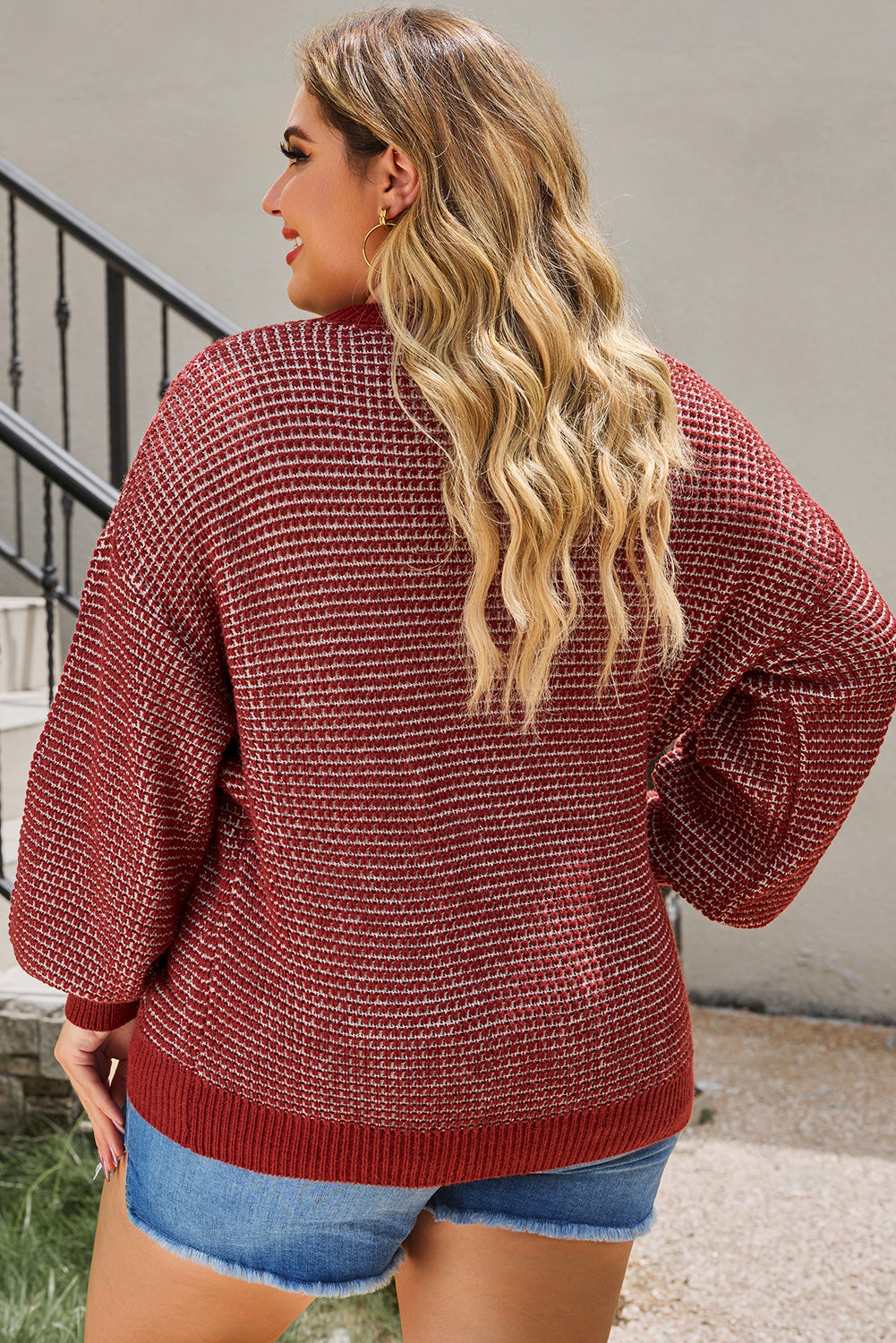 Waffle-Knit Round Neck Dropped Shoulder Sweater