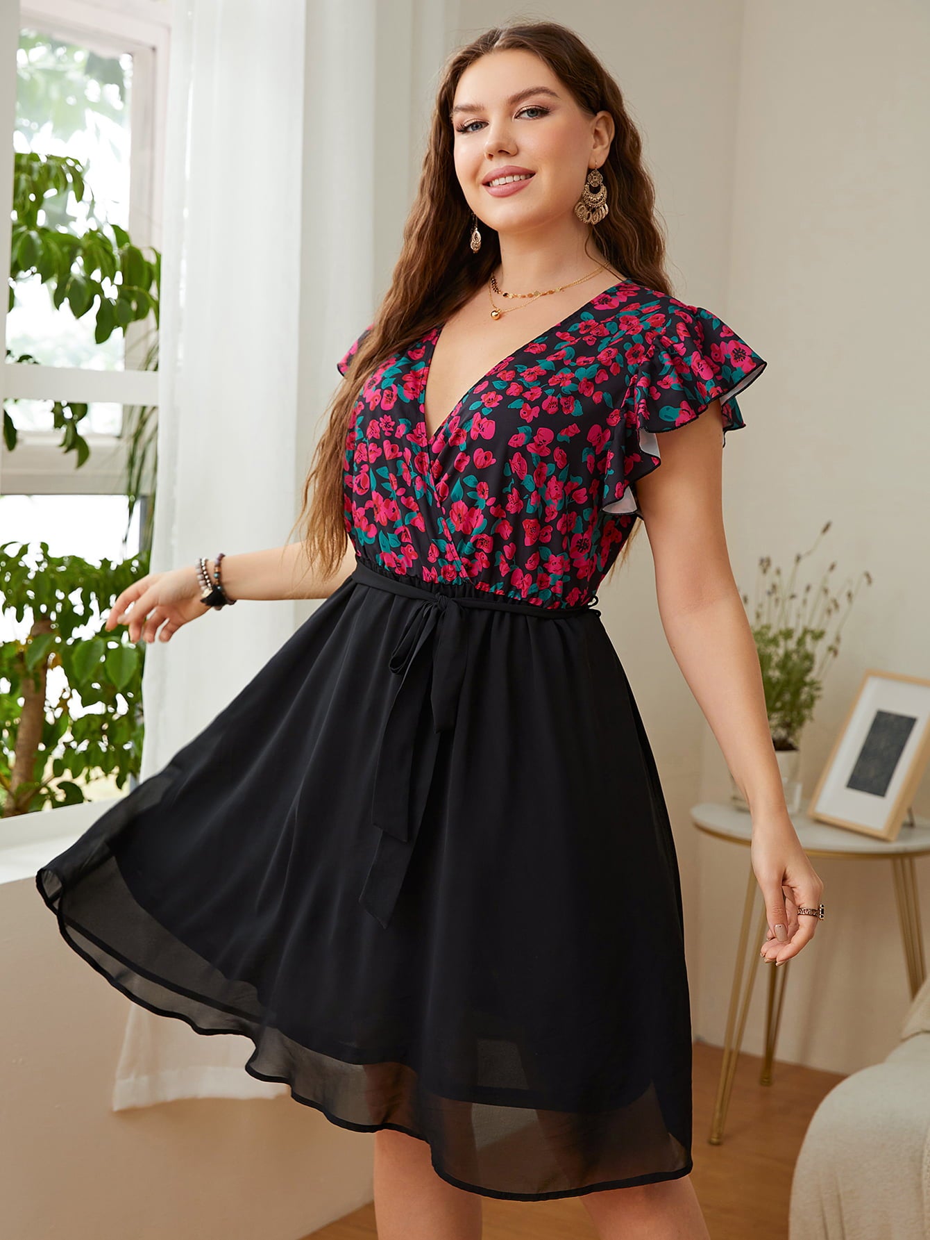 Floral Surplice Neck Flutter Sleeve Dress