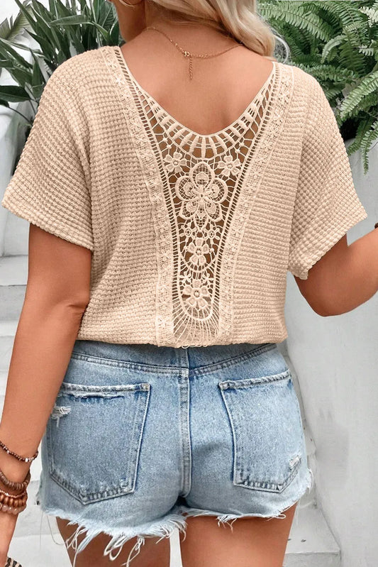 Textured Lace Round Neck Short Sleeve Blouse