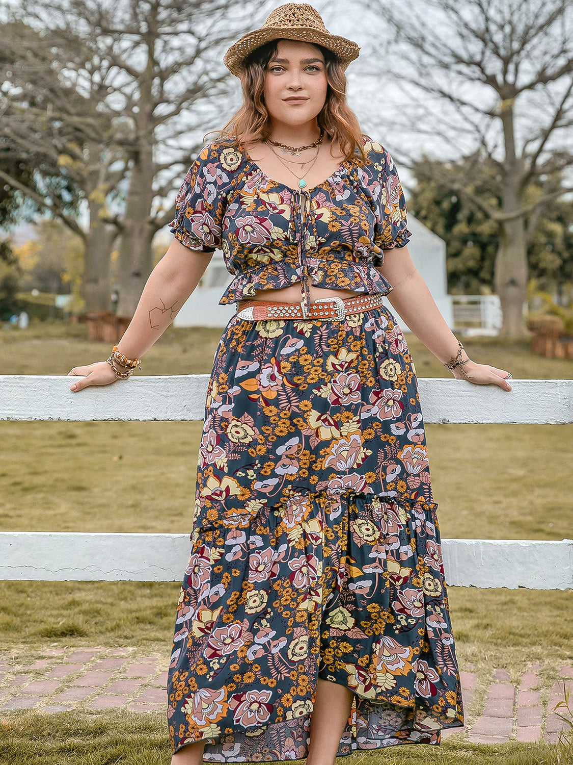 Tie Neck Short Sleeve Top and Skirt Set