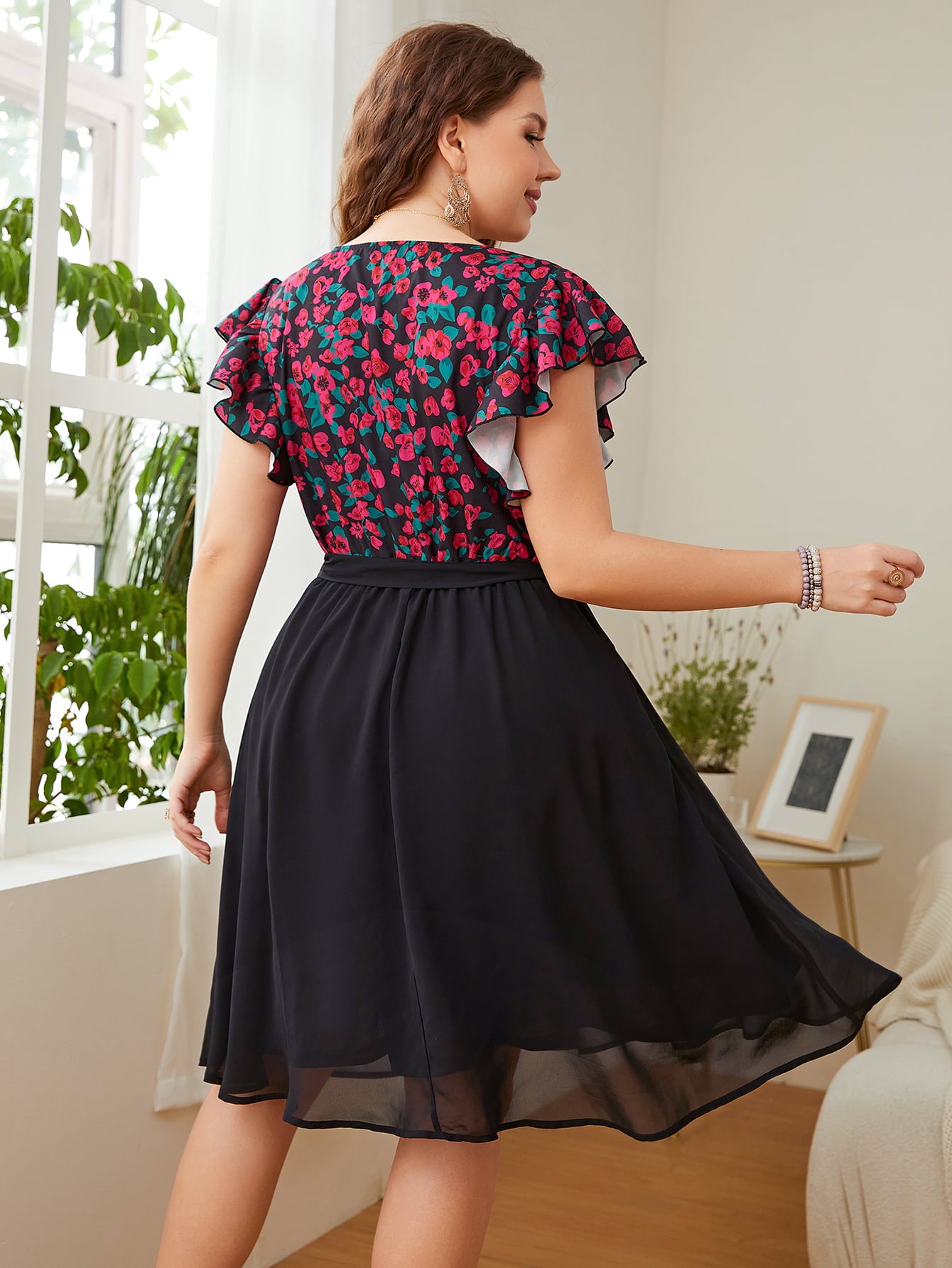 Floral Surplice Neck Flutter Sleeve Dress