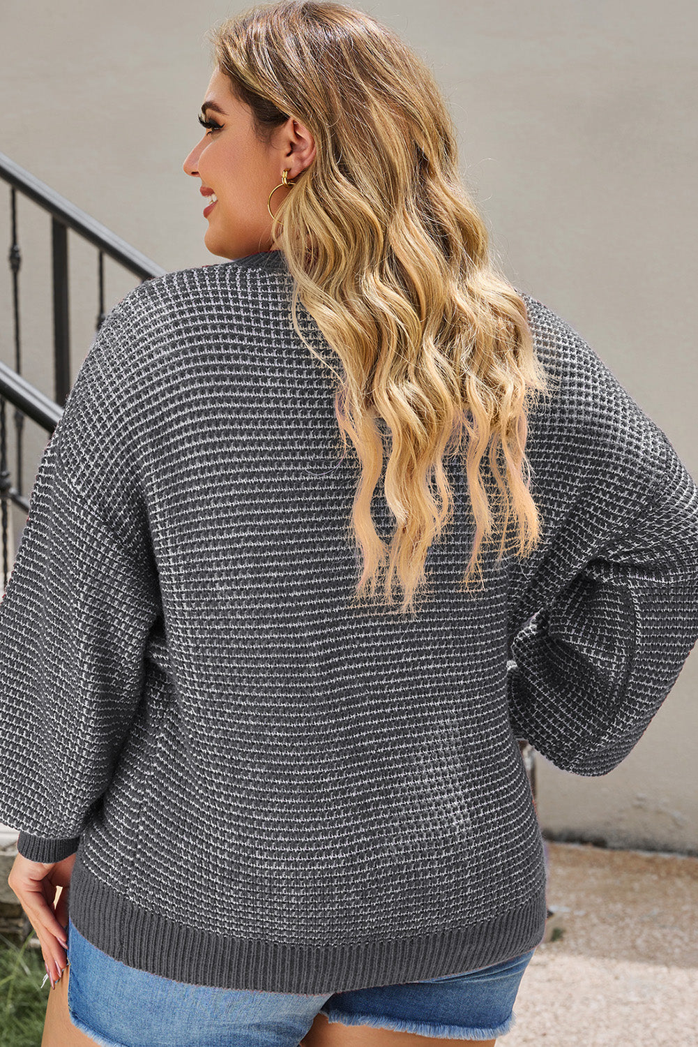 Waffle-Knit Round Neck Dropped Shoulder Sweater