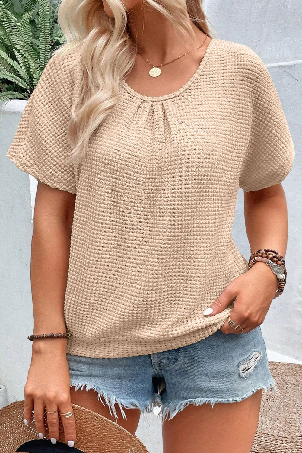 Textured Lace Round Neck Short Sleeve Blouse