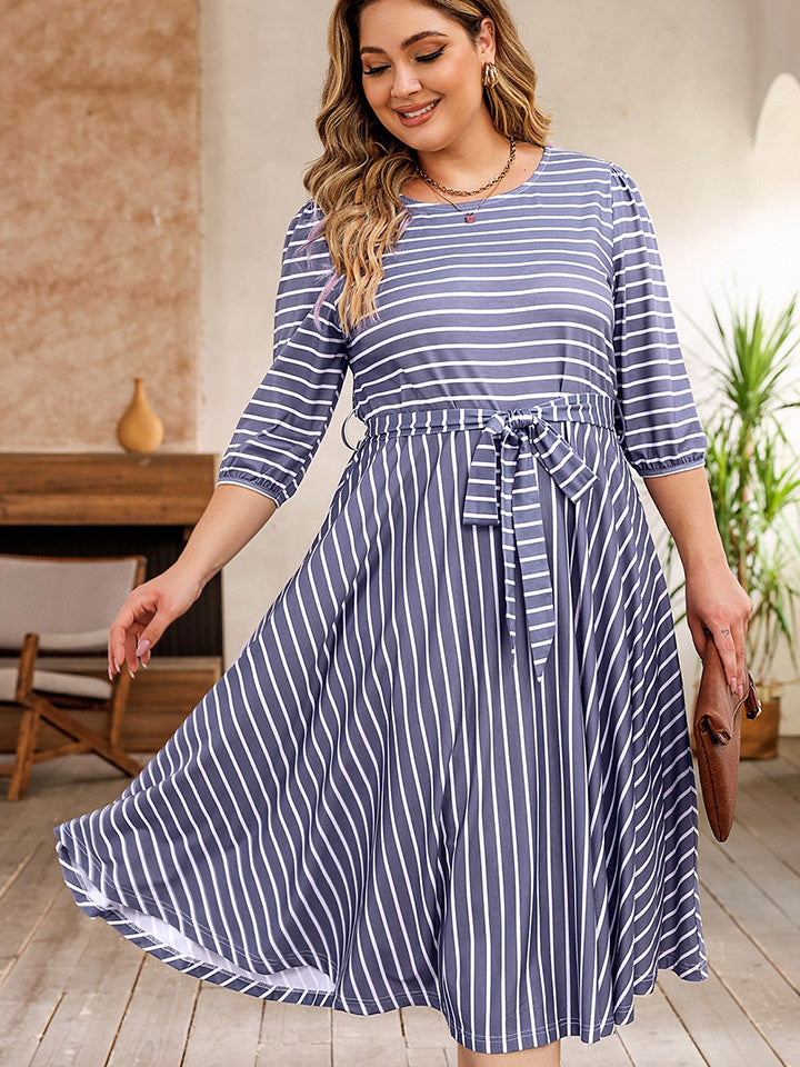 Round Neck Striped Tie Waist Dress