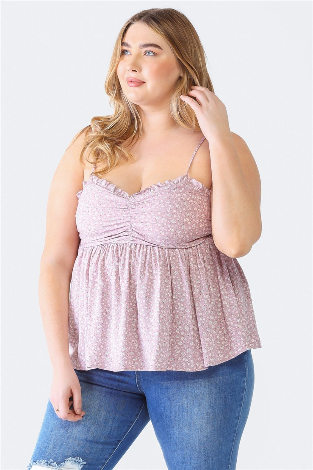 Zenobia Frill Smocked Floral Sweetheart Neck Cami