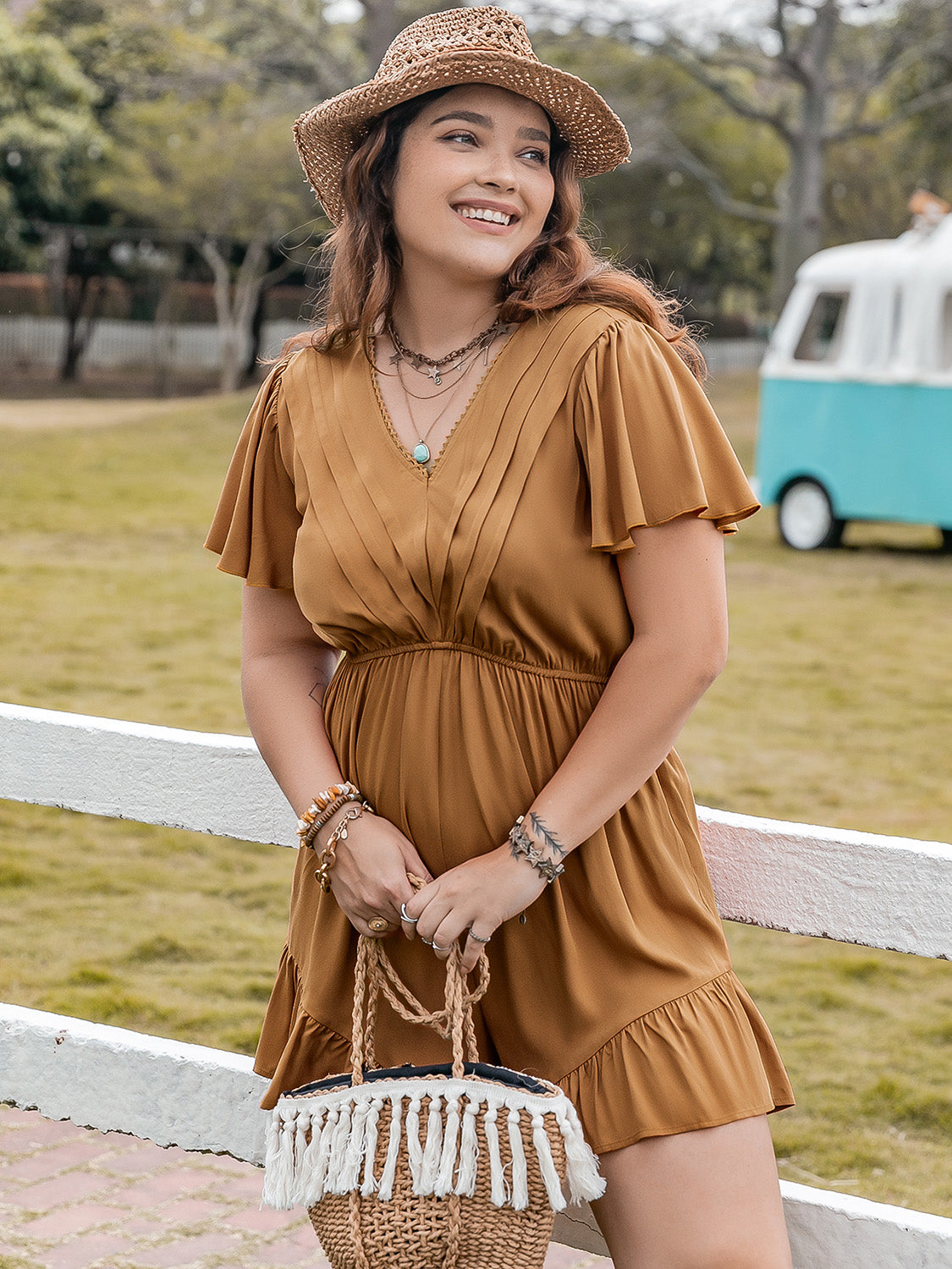 Ruffled V-Neck Short Sleeve Romper