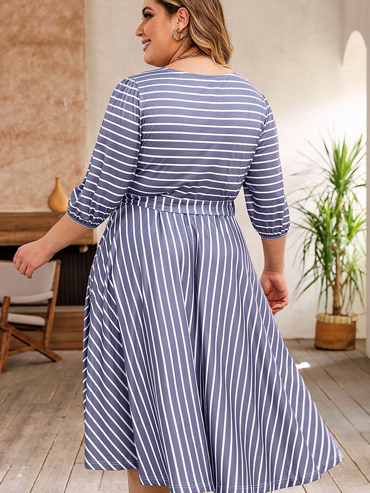 Round Neck Striped Tie Waist Dress