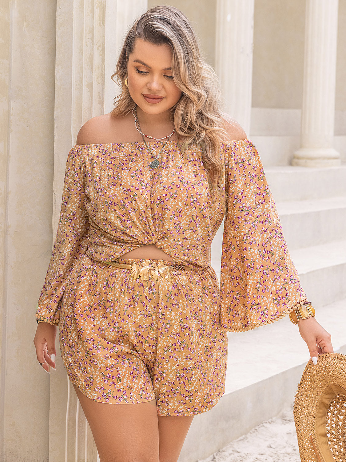 Printed Off-Shoulder Top and Shorts Set