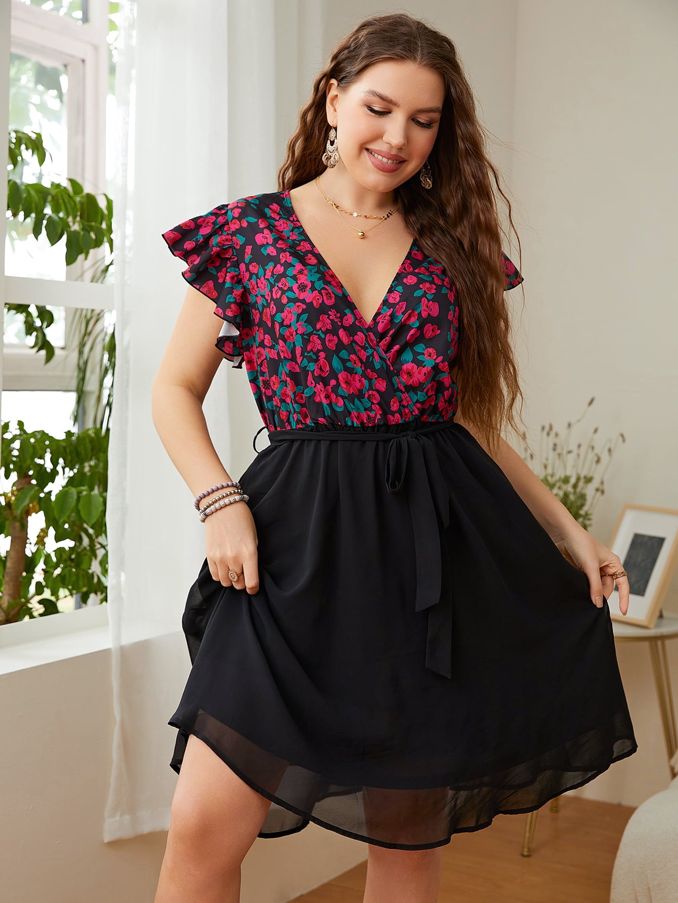 Floral Surplice Neck Flutter Sleeve Dress