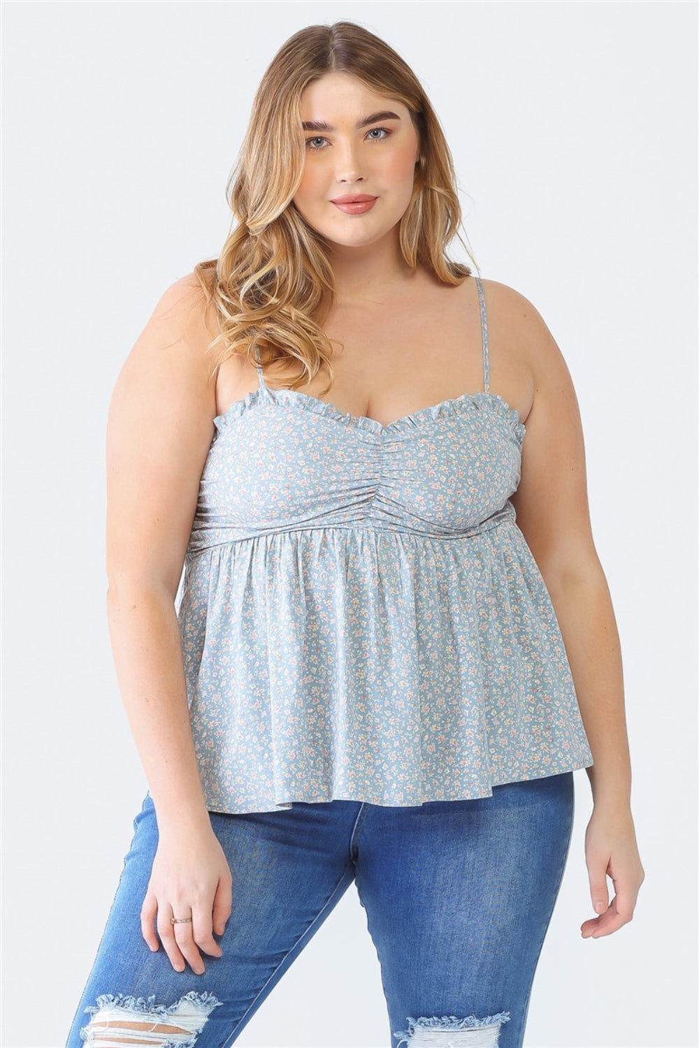 Zenobia Frill Smocked Floral Sweetheart Neck Cami