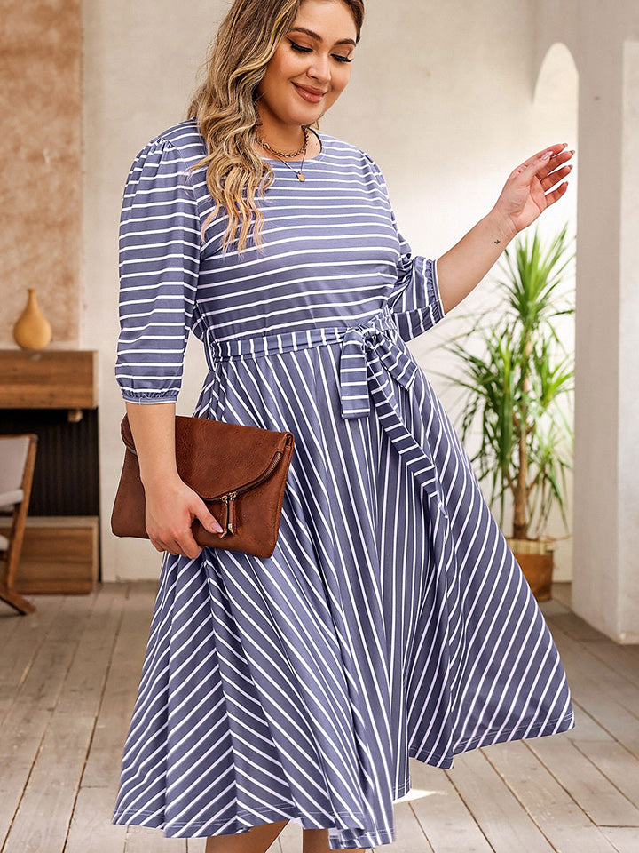 Round Neck Striped Tie Waist Dress