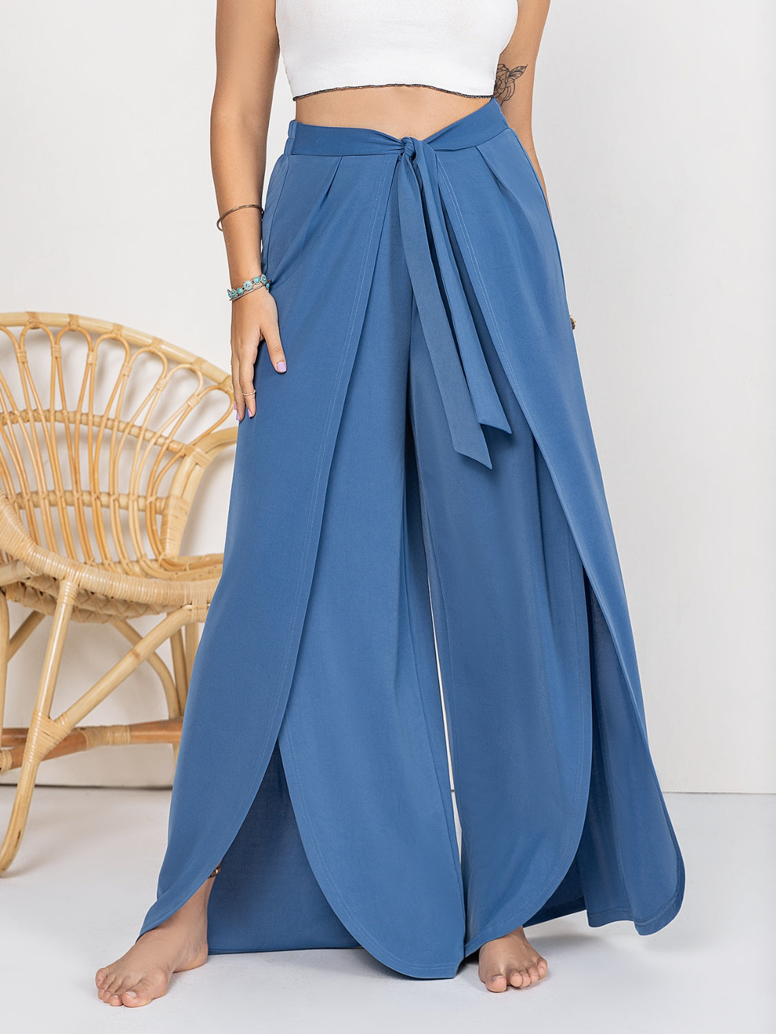 Tied Slit Wide Leg Pants