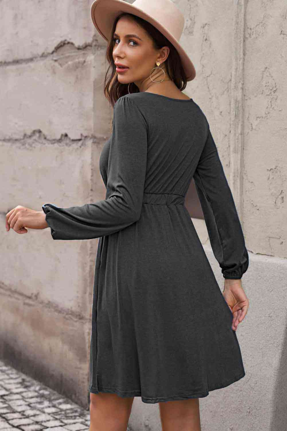 Button Front Elastic Waist Long Sleeve Dress