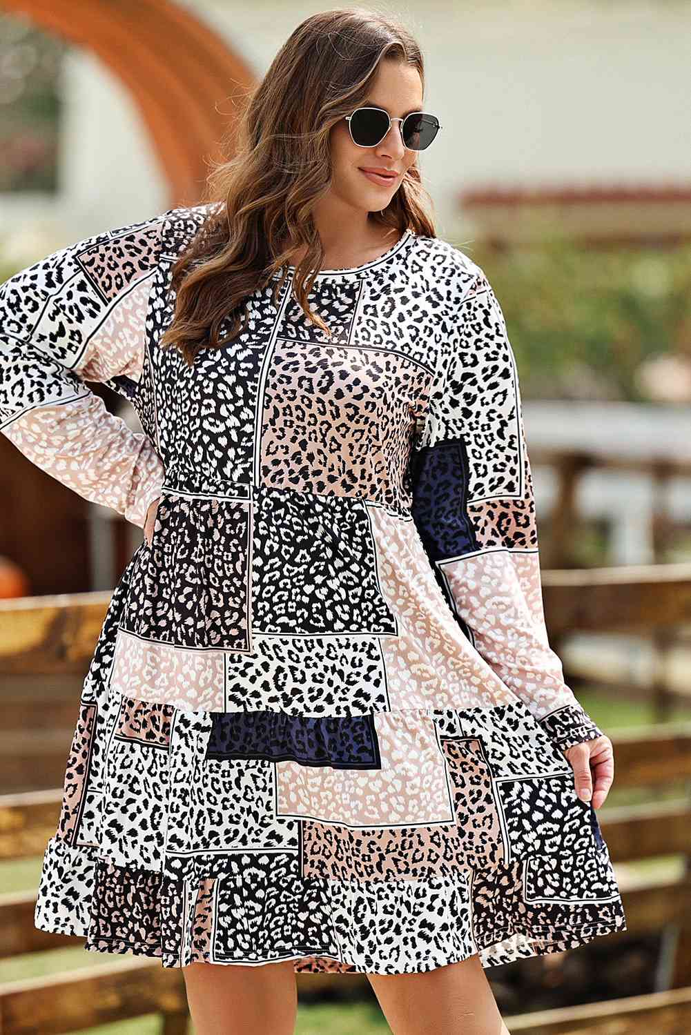 Round Neck Leopard Print Long Sleeve Mini Dress