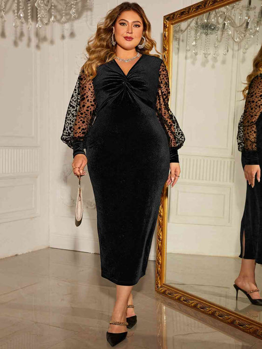 Twist Front Lantern Sleeve Slit Dress