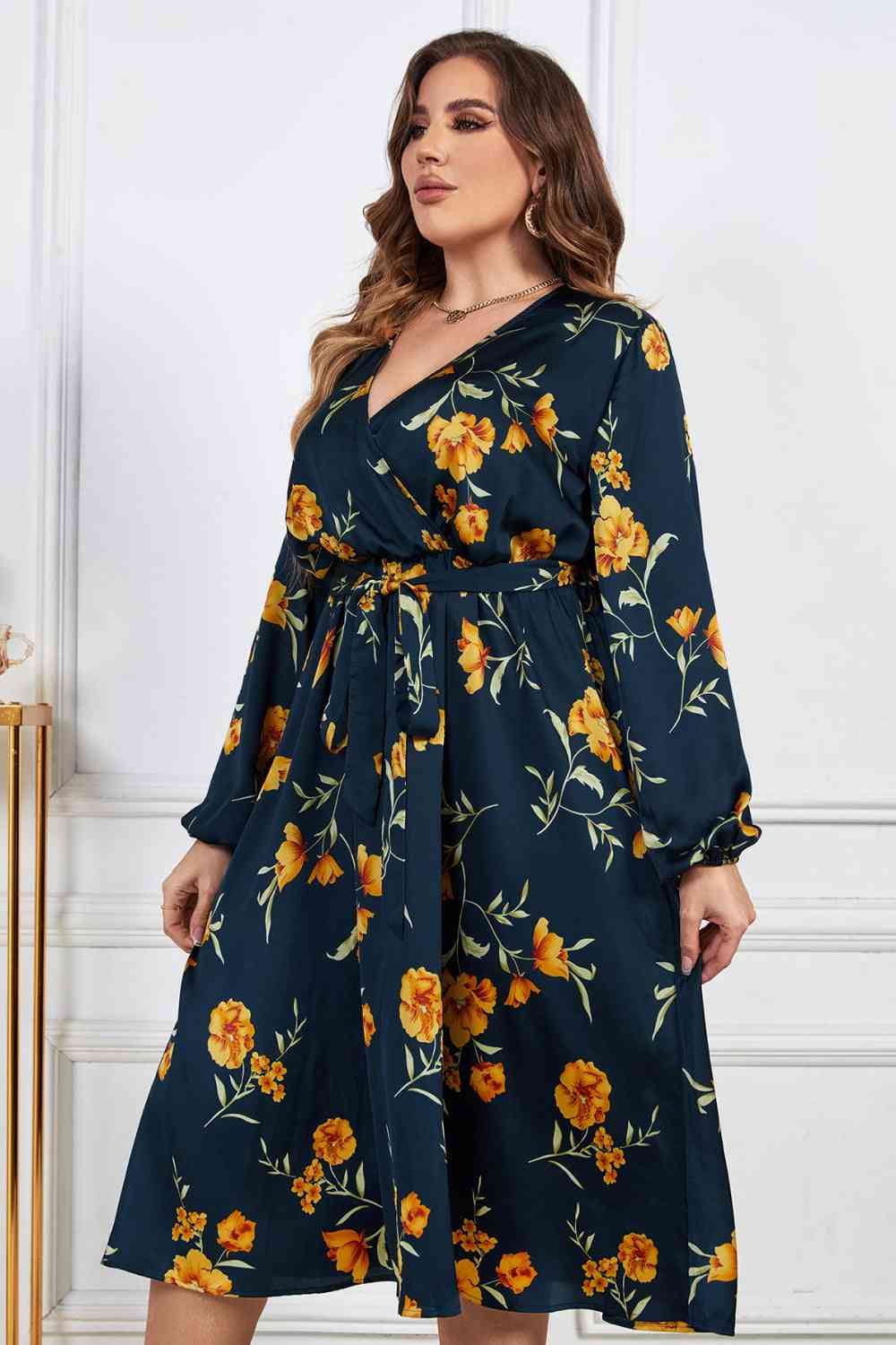 Melo Apparel Floral Print Surplice Neck Midi Dress