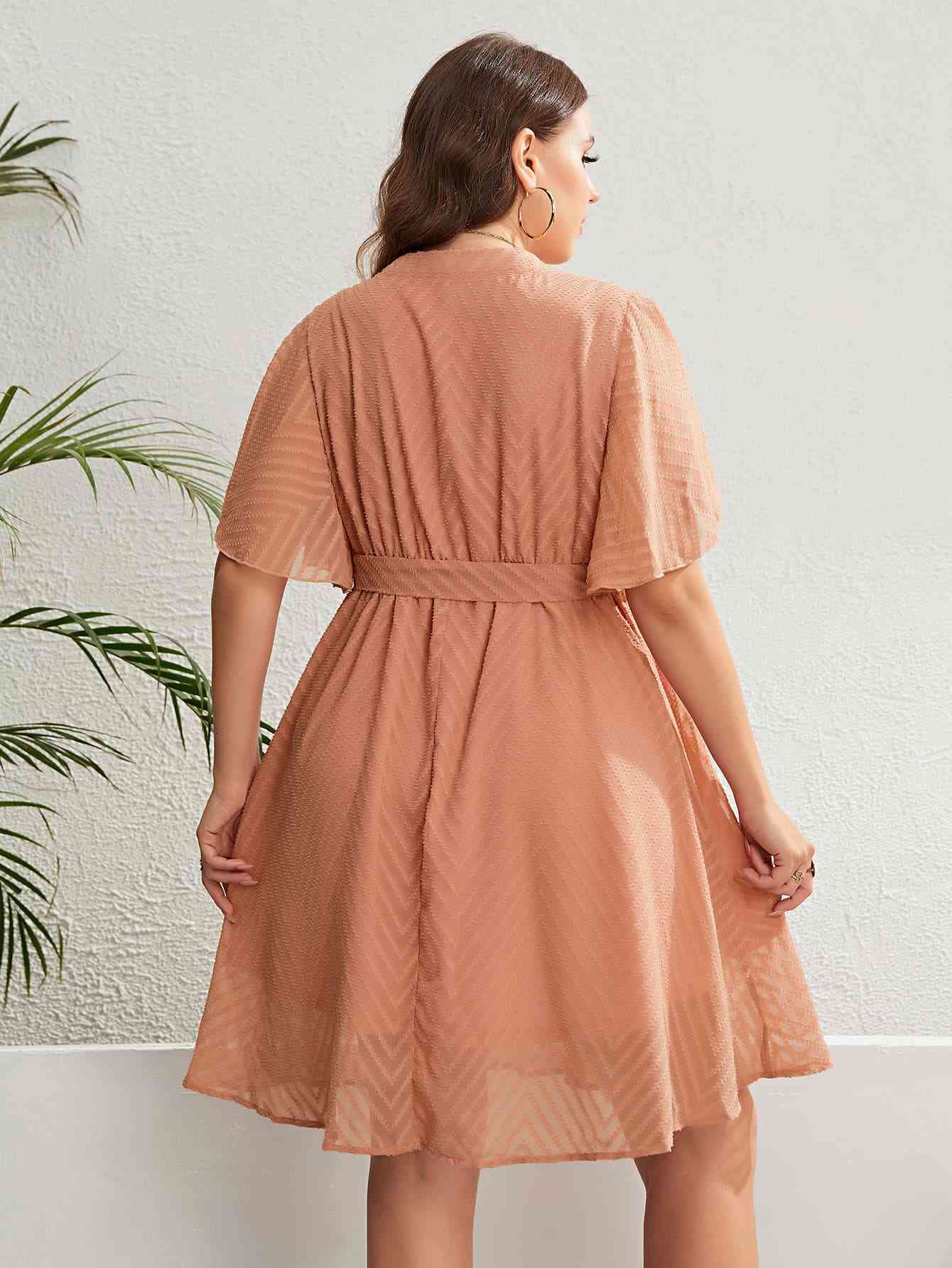 Tie Waist Notched Neck Flutter Sleeve Dress