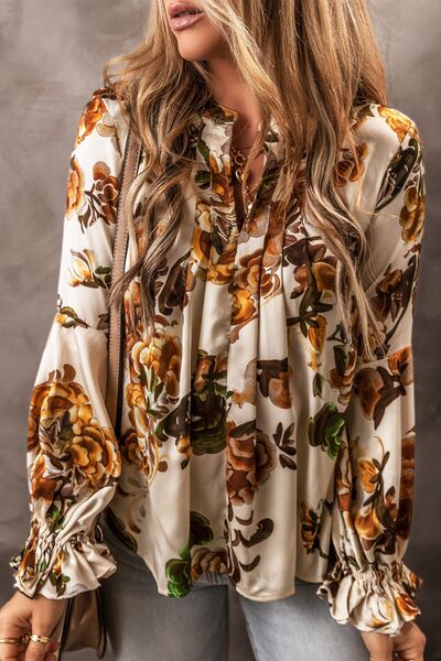 Printed Notched Long Sleeve Blouse