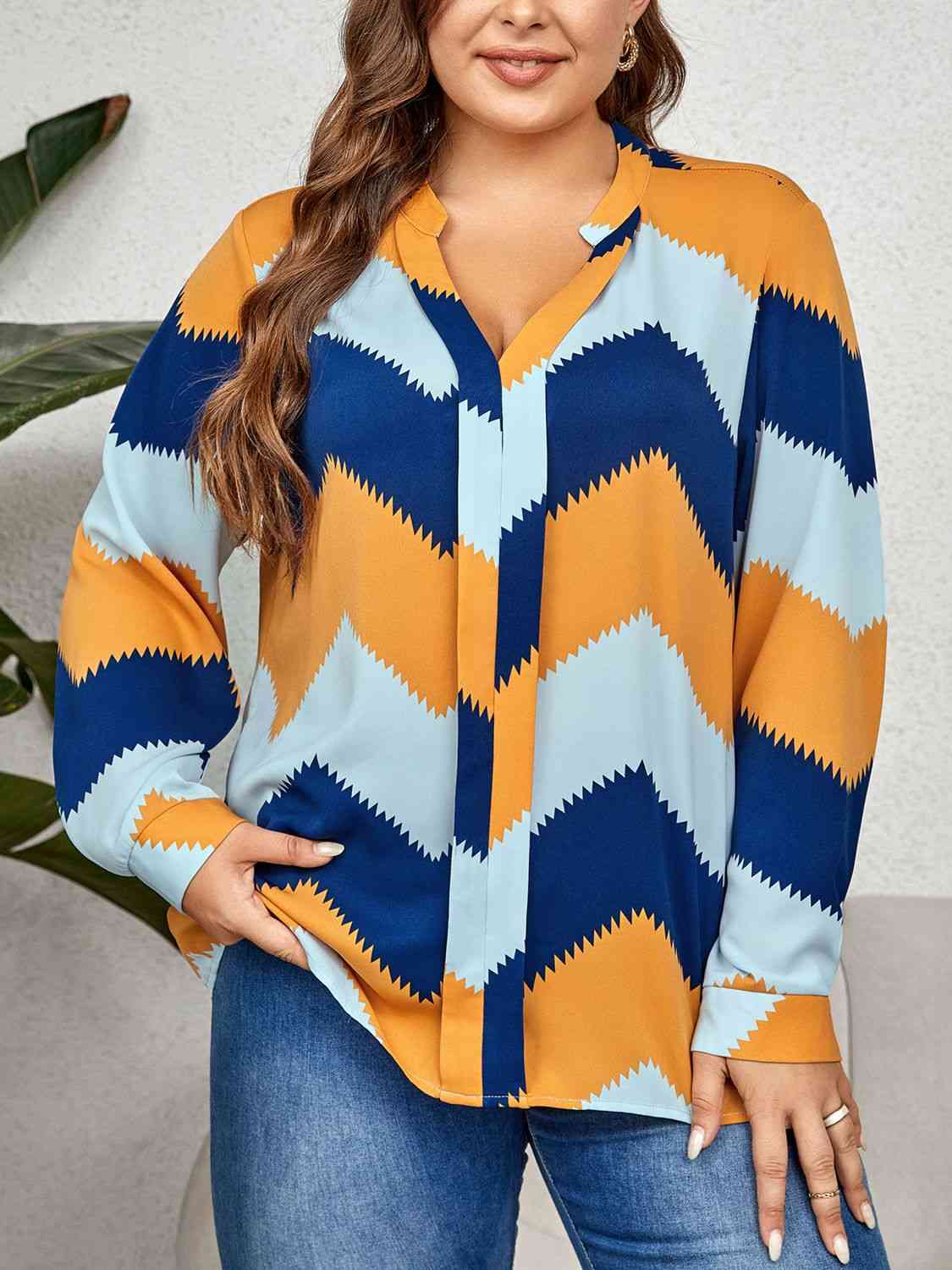 Printed Notched Neck Long Sleeve Blouse