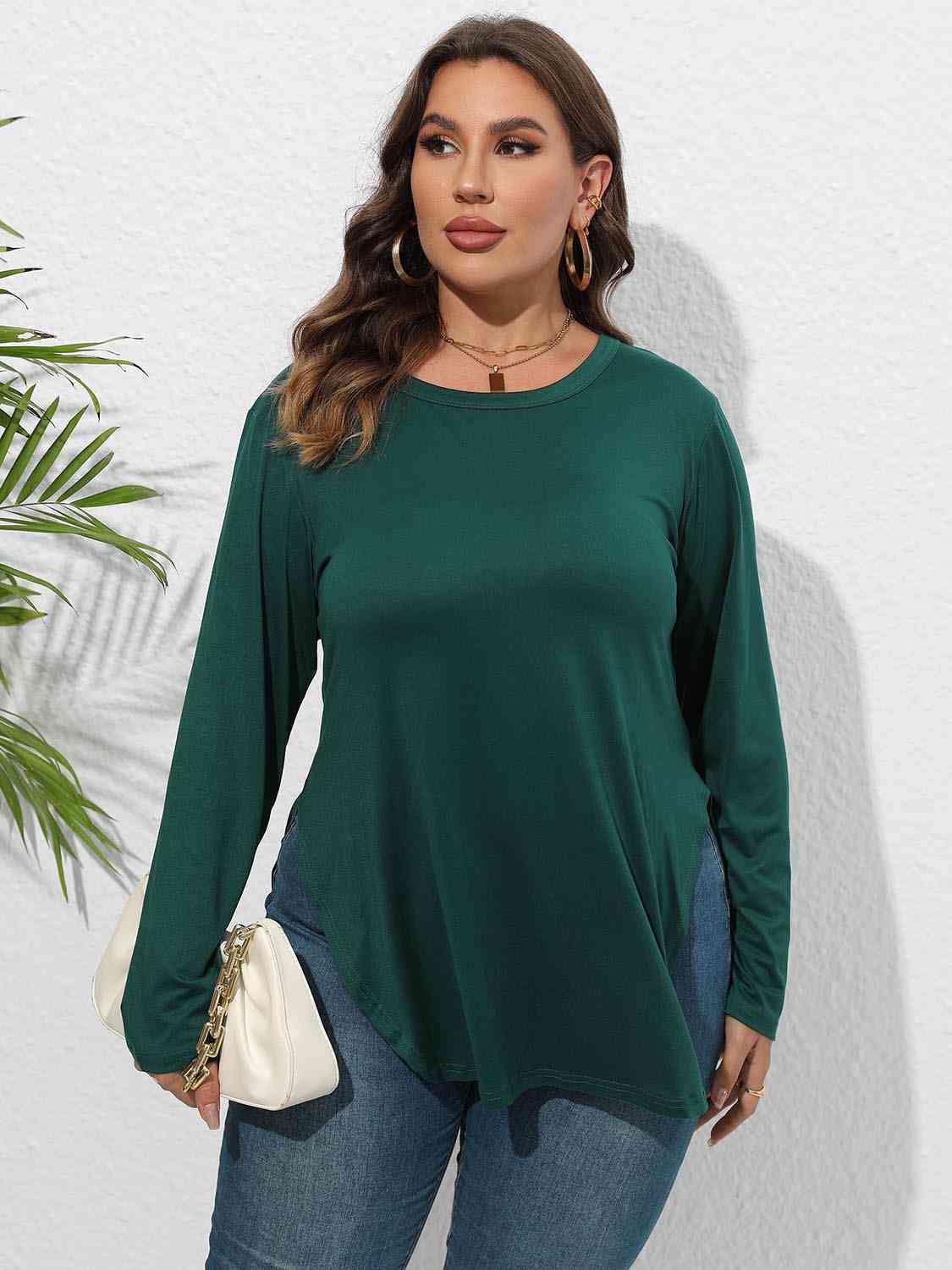 Round Neck Long Sleeve Slit T-Shirt