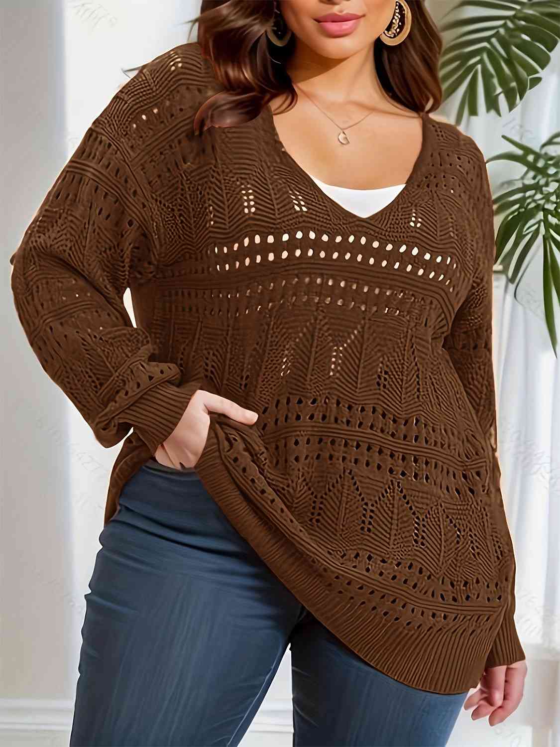 Openwork Plunge Long Sleeve Sweater