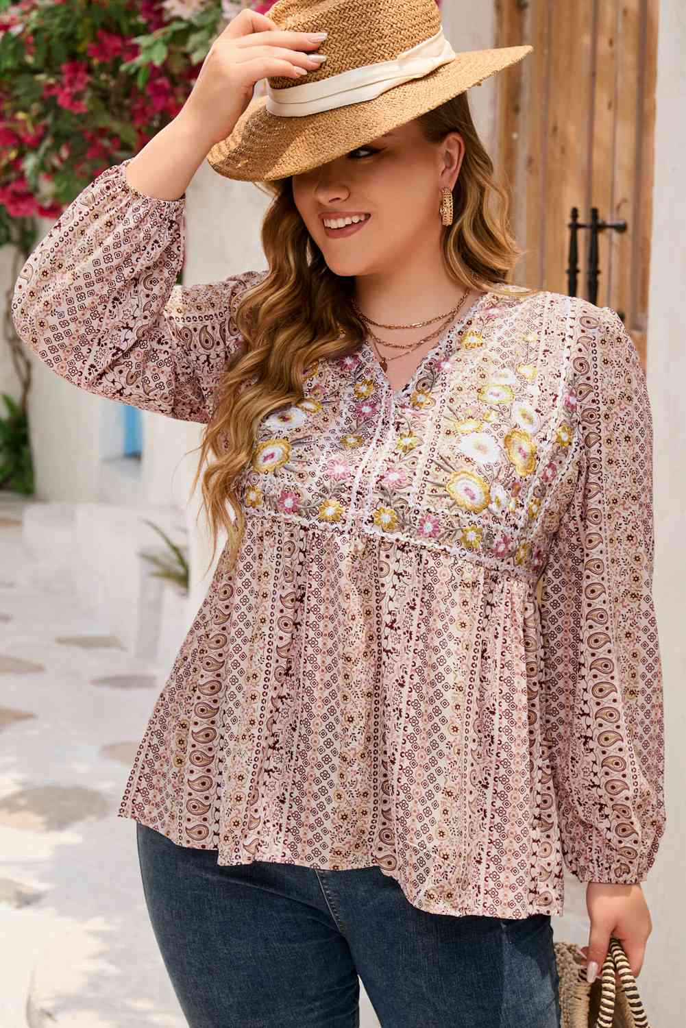 V-Neck Printed Long Sleeve Blouse