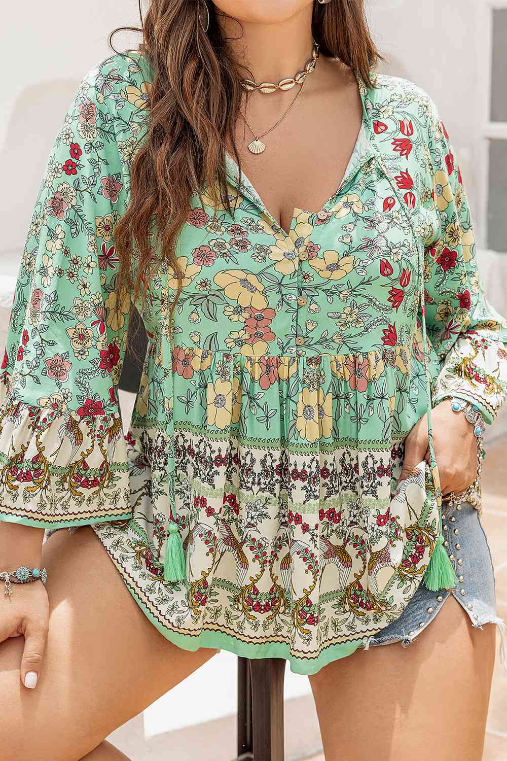 Floral Tassel Tie Blouse