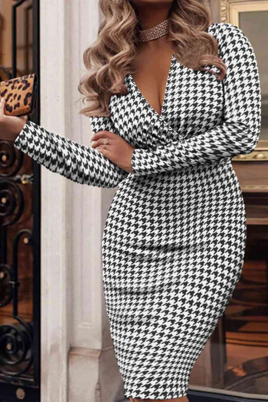 Houndstooth Surplice Neck Long Sleeve Pencil Dress