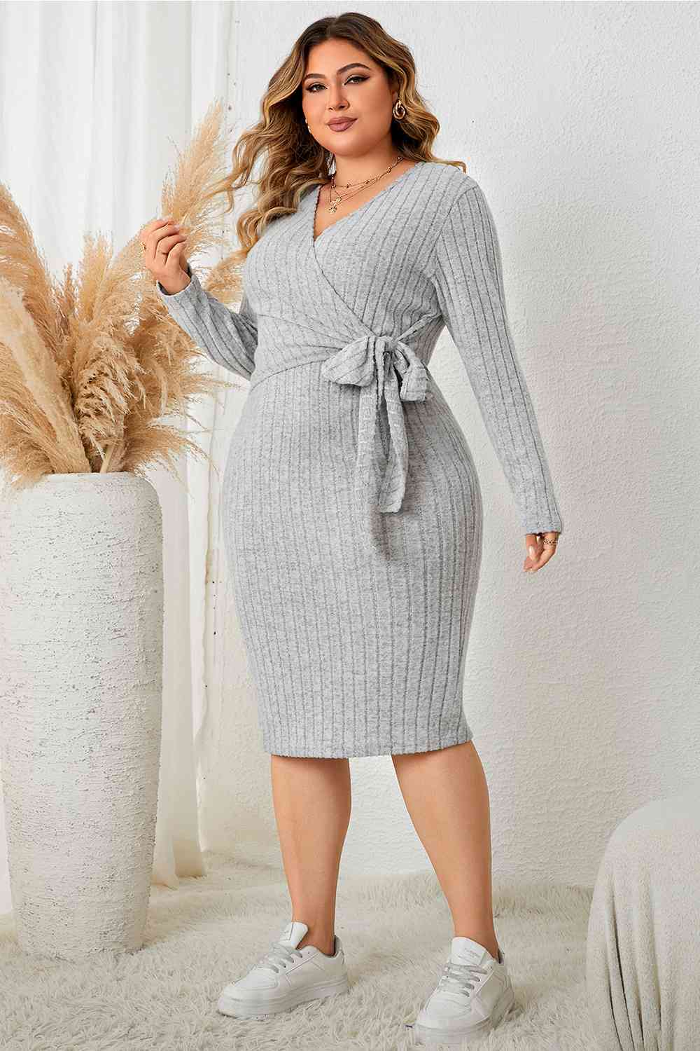 Surplice Neck Long Sleeve Slit Dress