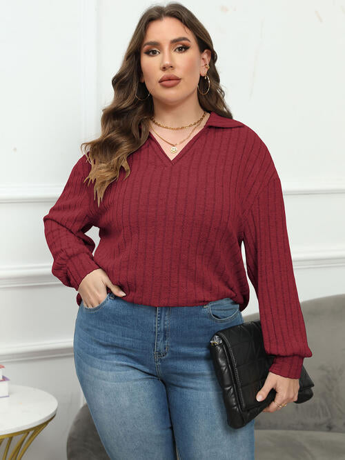 Ribbed Collared Neck Long Sleeve Blouse