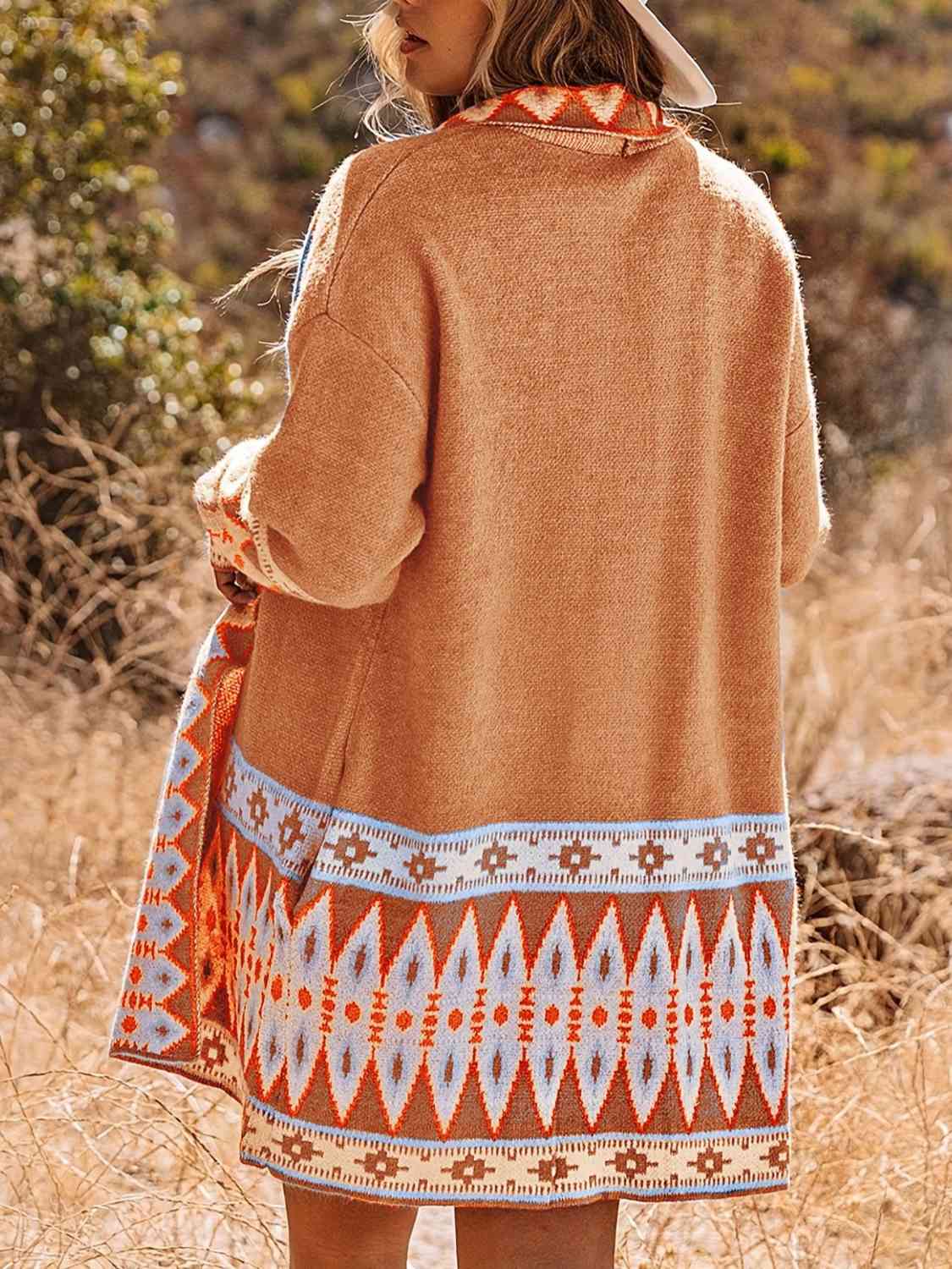 Geometric  Open Front Cardigan with Pockets