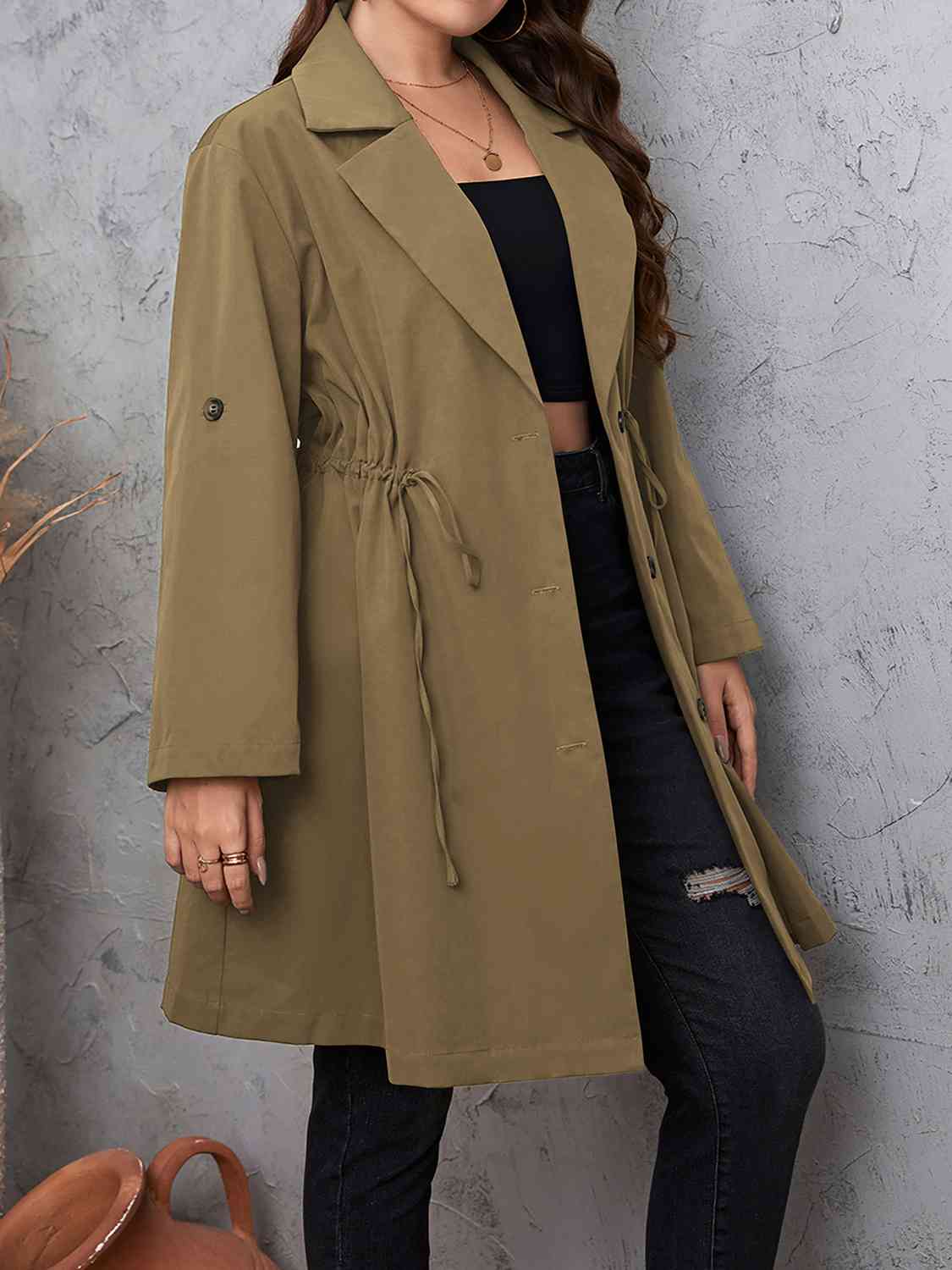 Lapel Collar Drawstring Roll-Tab Sleeve Trench Coat