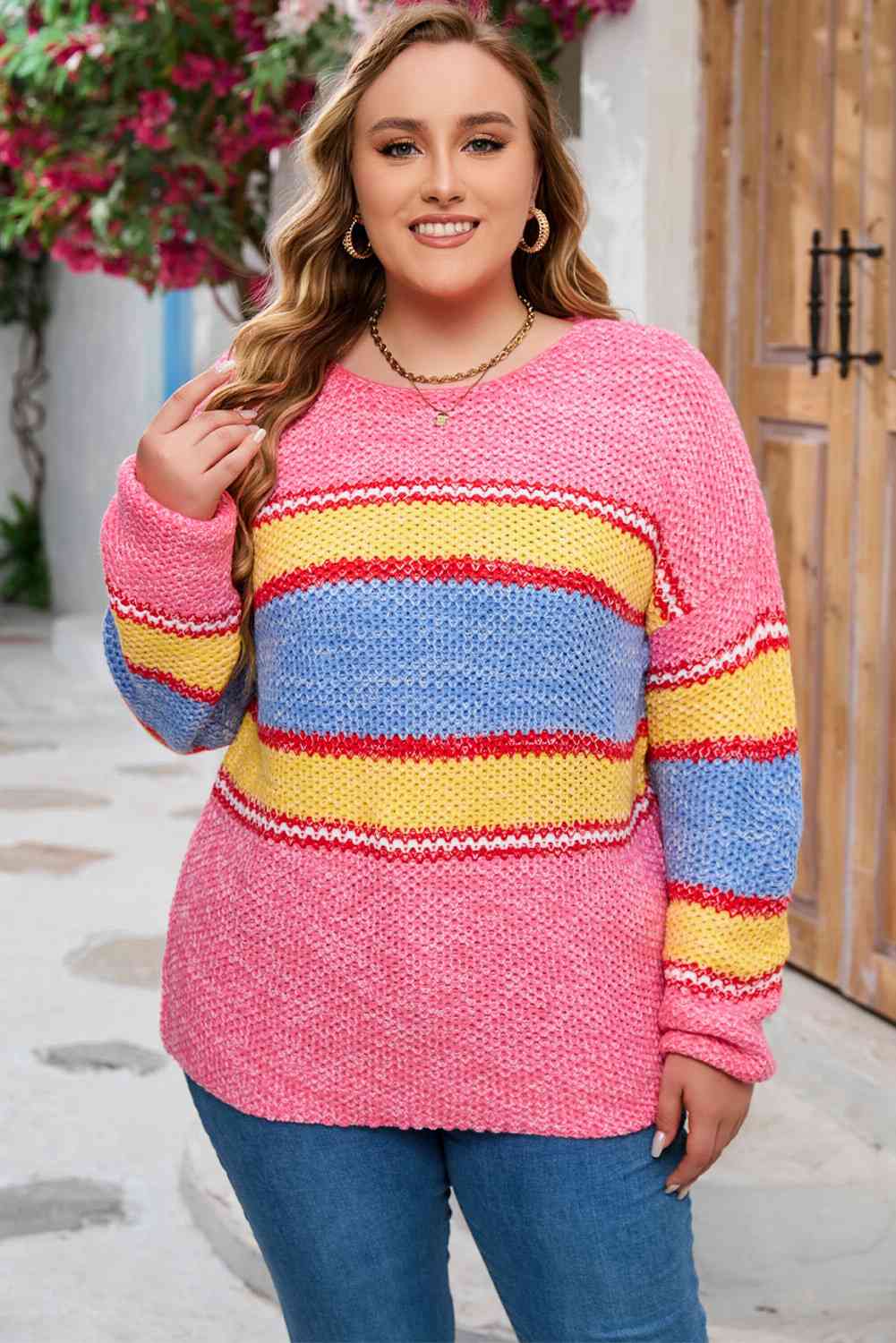 Color Block Round Neck Long Sleeve Sweater