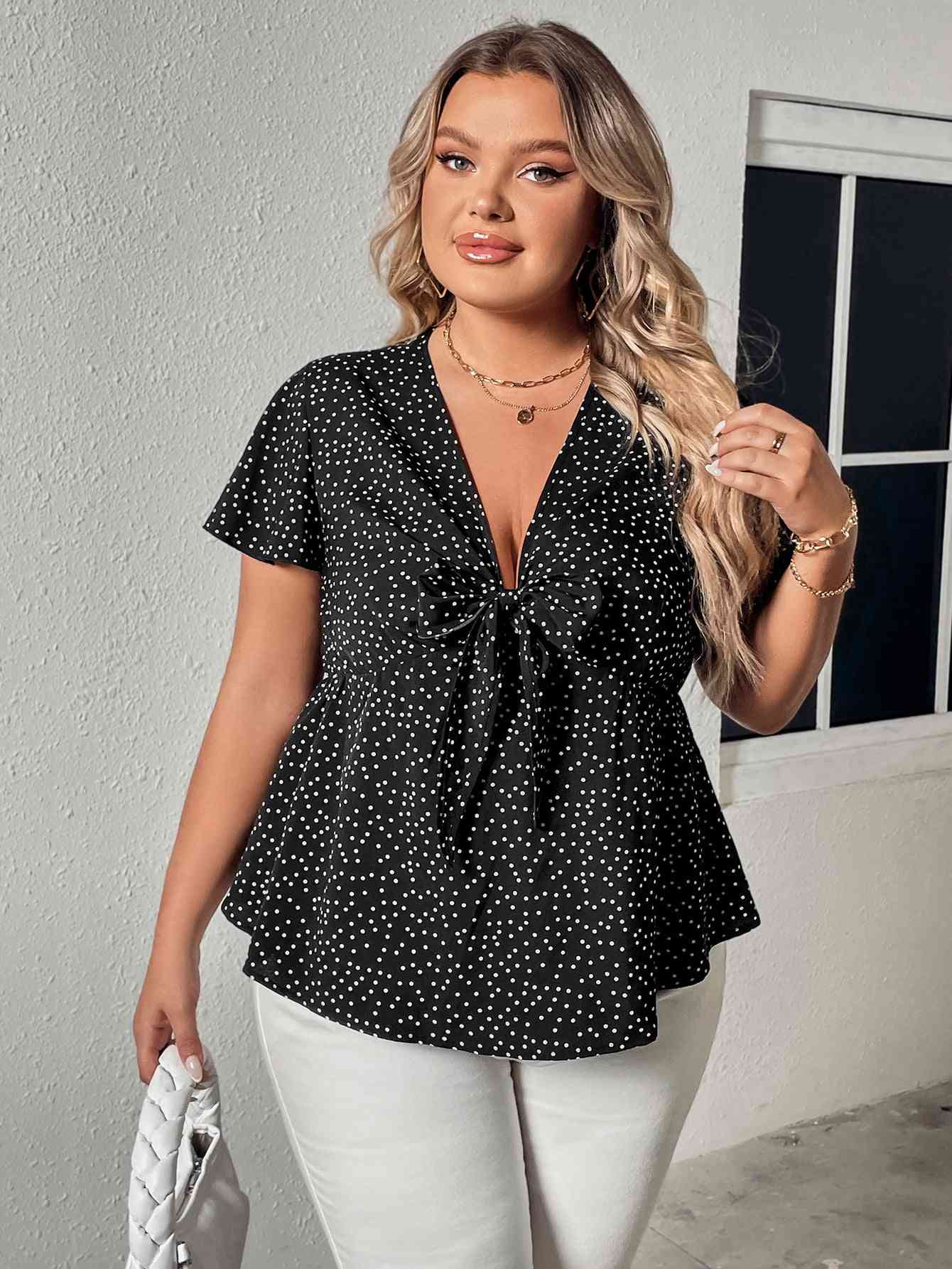 V-Neck Front Bow Flutter Sleeve Blouse