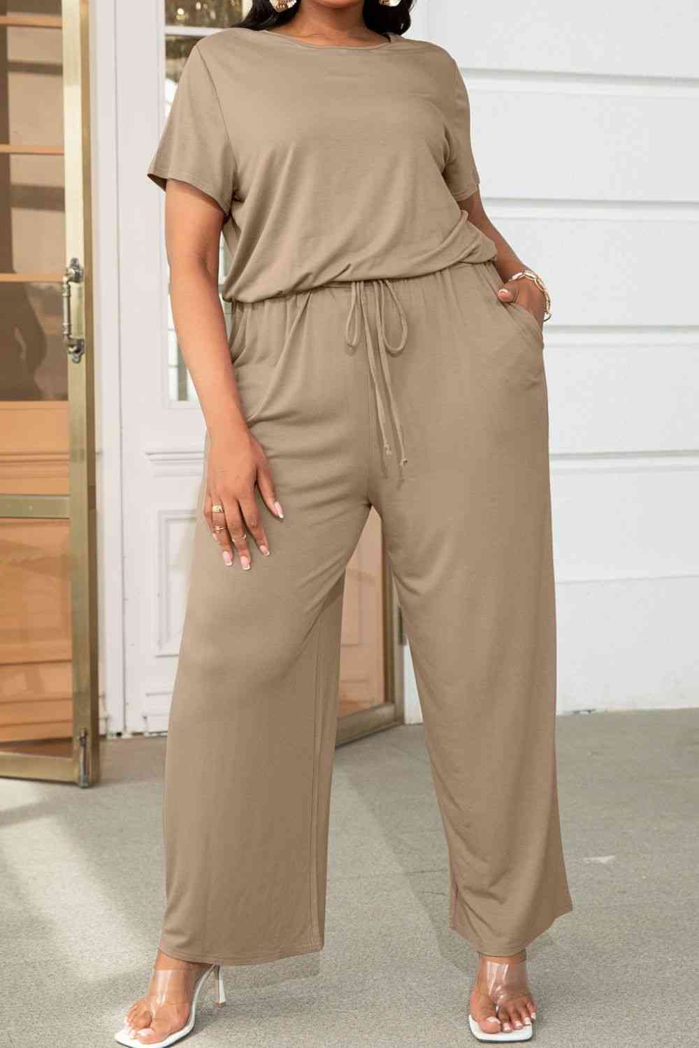 Drawstring Waist Short Sleeve Jumpsuit