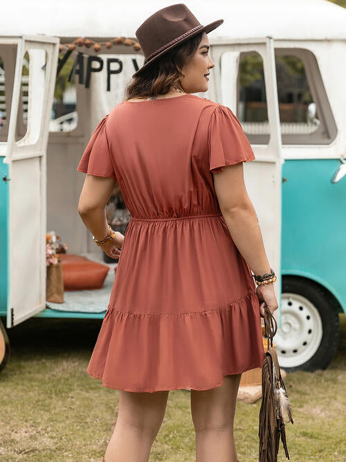 Double Take Ruffle Hem V-Neck Short Sleeve Dress