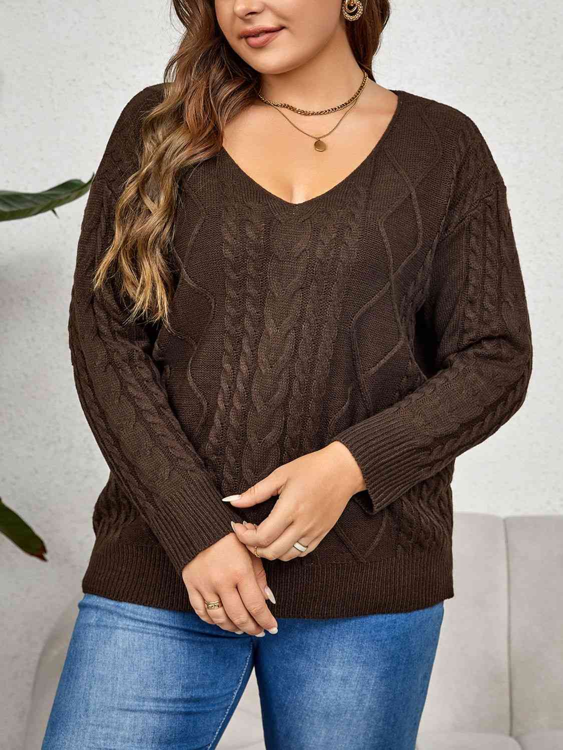 V-Neck Cable-Knit Long Sleeve Sweater