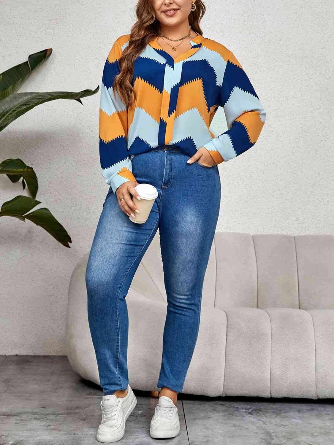 Printed Notched Neck Long Sleeve Blouse