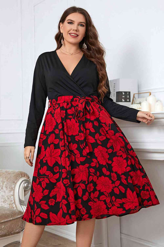 Floral Surplice Neck Long Sleeve Dress