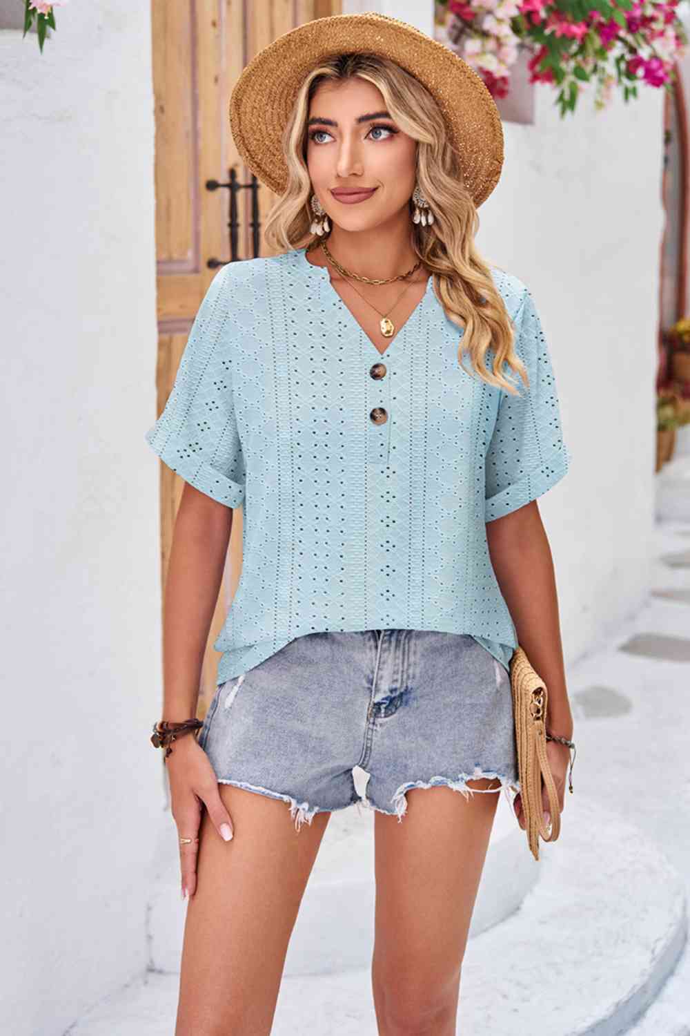 Buttoned Notched Neck Eyelet Top