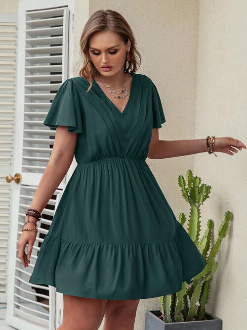 Double Take Ruffle Hem V-Neck Short Sleeve Dress