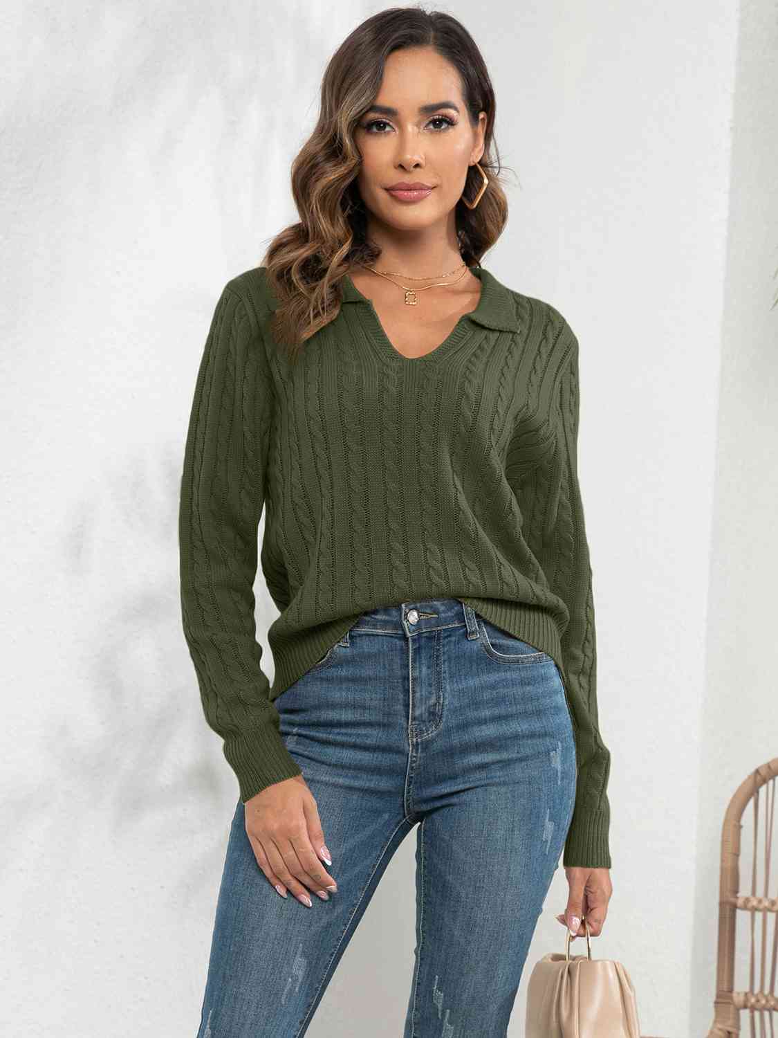 Johnny Collar Cable-Knit Long Sleeve Sweater