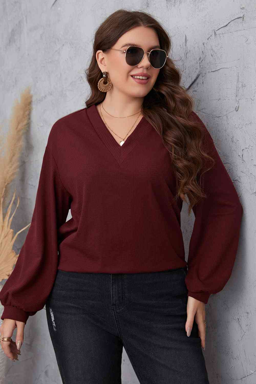 Melo Apparel V-Neck Dropped Shoulder Blouse