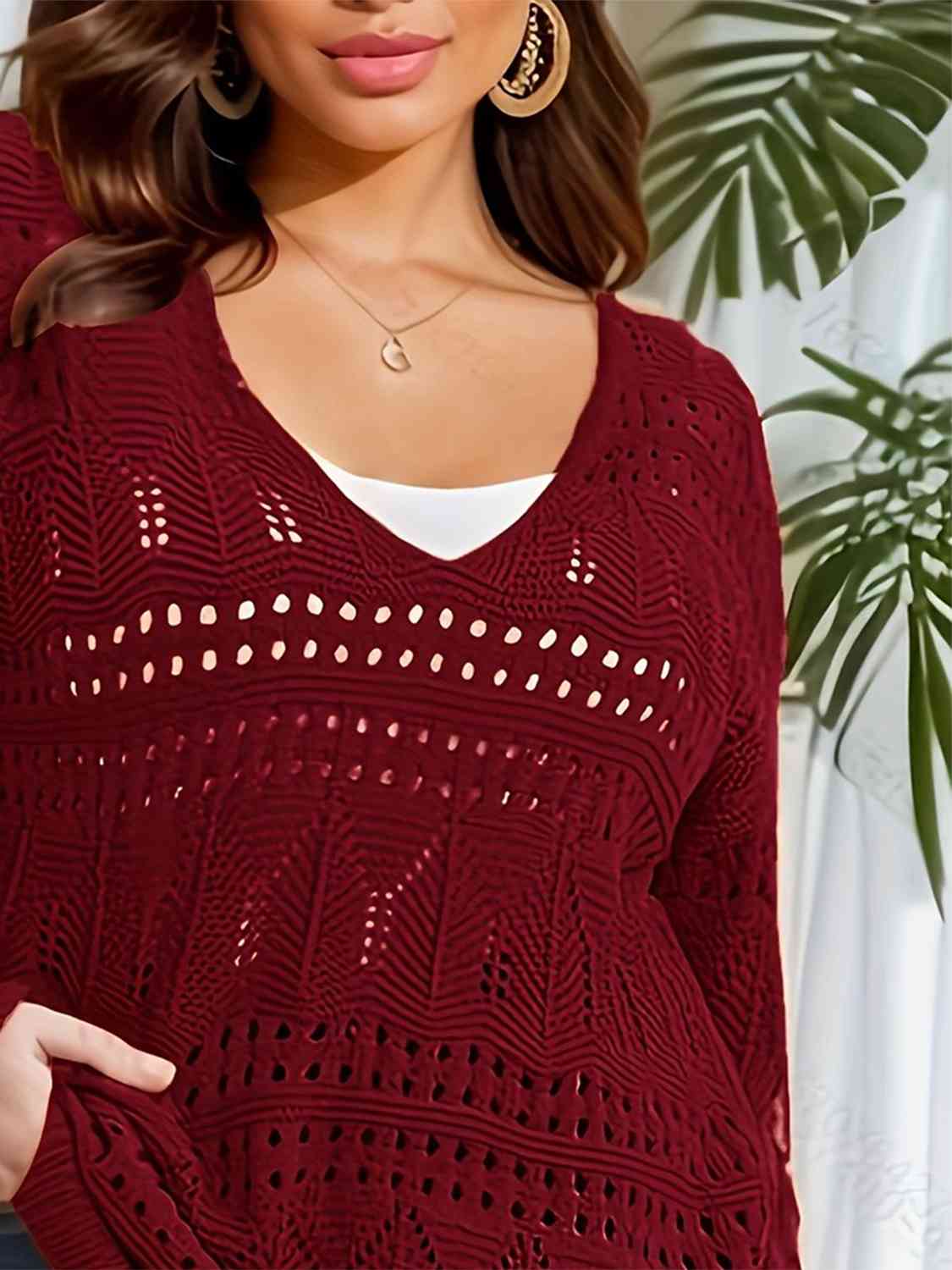 Openwork Plunge Long Sleeve Sweater