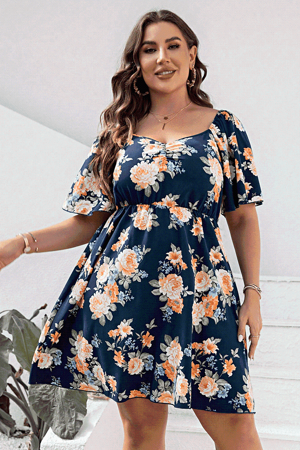 Floral Print V-Neck Flutter Sleeve Mini Dress