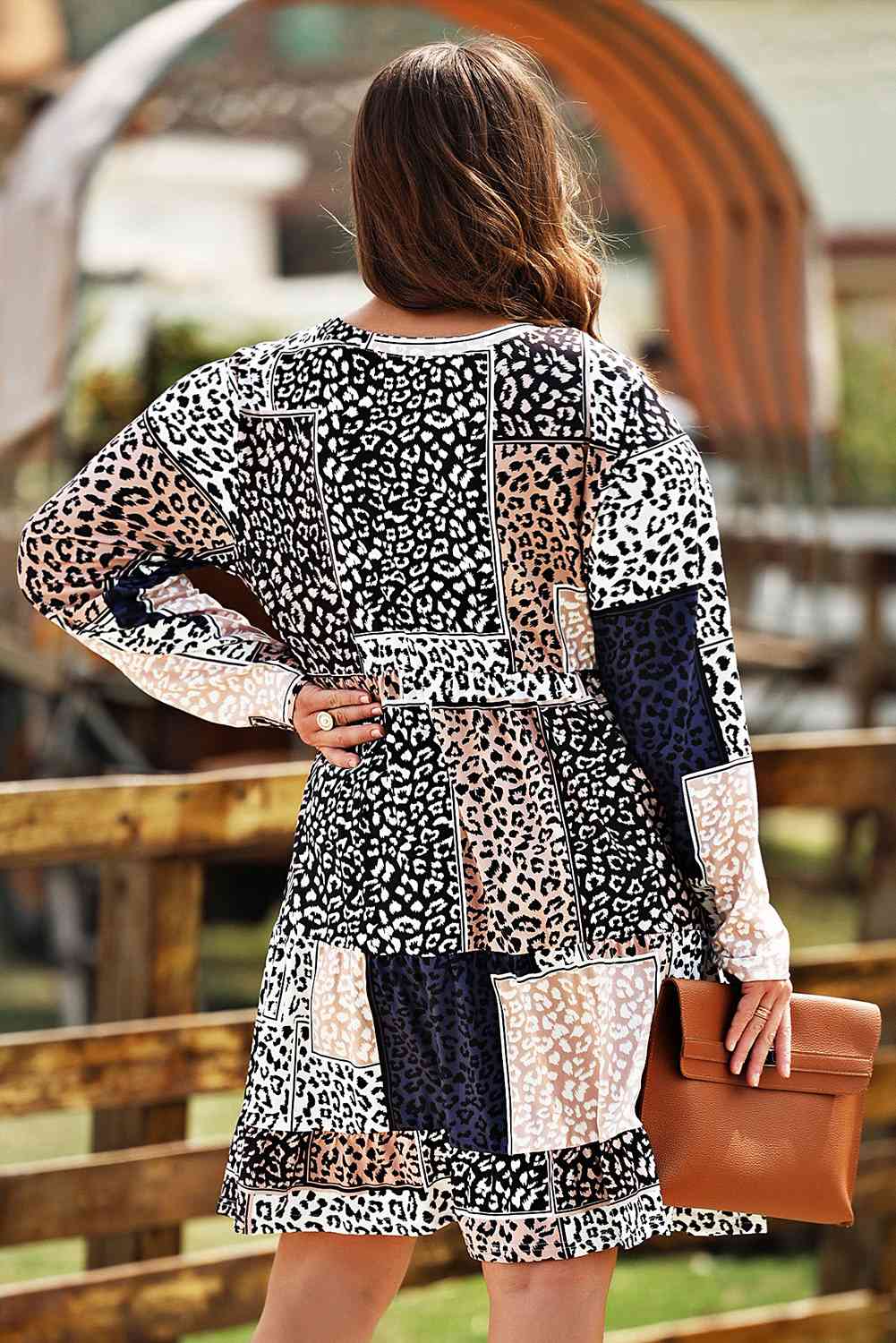 Round Neck Leopard Print Long Sleeve Mini Dress