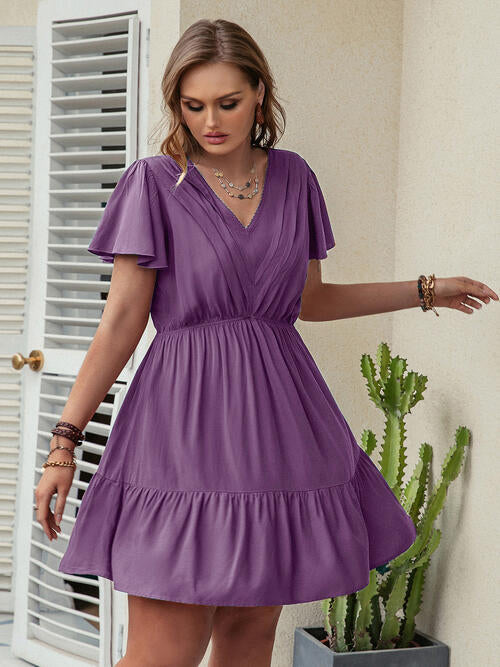 Double Take Ruffle Hem V-Neck Short Sleeve Dress